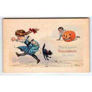 Vintage 1907-1915 Halloween Postcard Girl, Cat & Pumpkin Lithograph